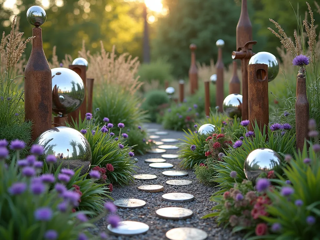 Eco-Friendly Gazing Ball Garden - A whimsical garden scene with vintage mercury glass gazing balls nestled among recycled metal sculptures and sustainable native plants, photographed in soft evening light. Features a repurposed antique silver gazing ball as the centerpiece, surrounded by smaller vintage mirror balls arranged among reclaimed wooden elements and weathered copper pieces. Purple coneflowers and native grasses sway in the foreground, while recycled glass bottle edges create meandering pathways. Rustic garden art made from repurposed materials adds character, with butterfly-friendly plantings creating a natural, eco-conscious atmosphere. Photorealistic, high detail, magical garden atmosphere