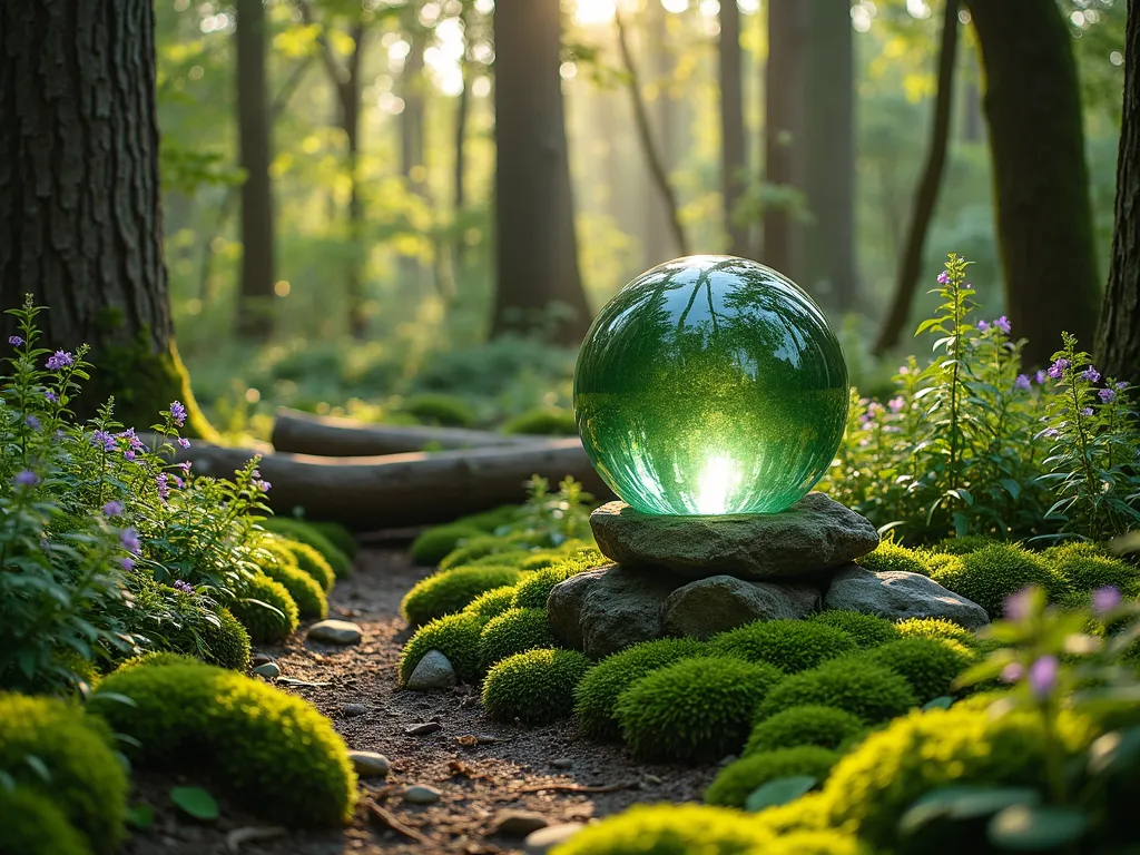 Enchanted Forest Gazing Ball Sanctuary - A serene woodland garden scene with dappled sunlight filtering through tall trees, featuring a large moss-green gazing ball nestled among lush ferns and native woodland plants. The gazing ball sits atop a weathered stone pedestal, surrounded by moss-covered rocks and fallen logs. Japanese forest grass and wild violets carpet the ground, while patches of emerald moss create a soft, magical atmosphere. The scene is captured during golden hour, with gentle light creating ethereal highlights on the gazing ball's surface, reflecting the forest canopy above. Composition features depth with layers of shade-loving plants and natural woodland elements, creating a mystical forest sanctuary.