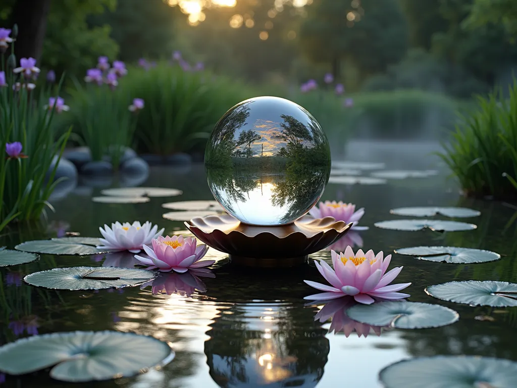 Floating Lotus Gazing Ball Garden - A serene Japanese-style garden pond at dusk, featuring a metallic silver gazing ball elegantly perched on a bronze lotus-shaped pedestal that appears to float just above the water's surface. Pink and white water lilies bloom around the sphere, while purple lotus flowers emerge from the tranquil water. The gazing ball creates mesmerizing mirror-like reflections on the rippling water, capturing the golden sky and surrounding foliage. Japanese iris and ornamental grasses line the pond's edge, creating layers of peaceful garden elements. Soft, ethereal lighting enhances the mystical atmosphere, with subtle mist hovering over the water's surface.