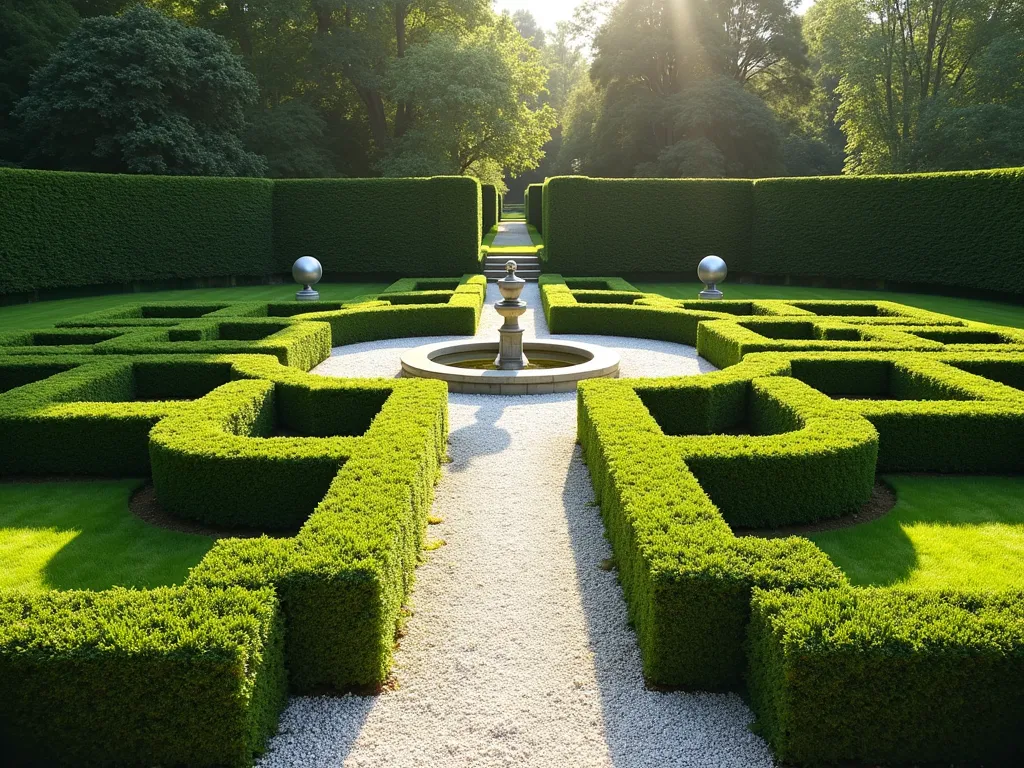 Symmetrical Formal Garden with Mirrored Gazing Balls - A pristine formal garden featuring perfectly manicured boxwood hedges arranged in geometric patterns, with two identical silver gazing balls placed symmetrically at focal points. The garden path is lined with crushed white gravel, leading to a classical stone fountain in the center. The meticulously trimmed hedges create a knot garden pattern, with the gazing balls marking opposite corners. Early morning sunlight casts long shadows across the precisely maintained lawn, highlighting the garden's perfect symmetry. Photorealistic, architectural garden design, high-end landscape photography style