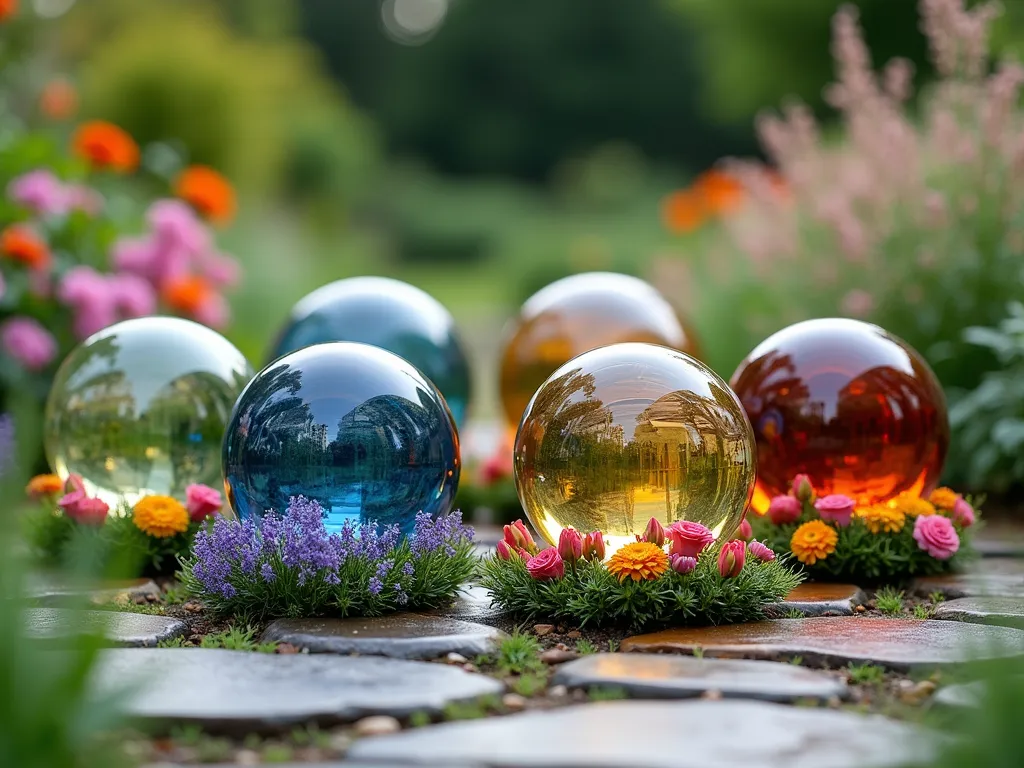 Four Seasons Gazing Ball Garden Circle - A tranquil garden scene featuring four gazing balls arranged in a perfect circle on a natural stone path. The balls reflect different seasonal colors: spring (pale green), summer (deep blue), autumn (amber), and winter (silver). Around each sphere is a carefully curated collection of seasonal plants: spring features pink cherry blossoms and tulips, summer showcases vibrant purple lavender and red roses, autumn displays golden chrysanthemums and ornamental grasses, and winter highlights white-berried snowberry bushes and evergreen holly. Soft natural lighting creates magical reflections in each sphere, with a subtle depth of field effect. Photographed from a slightly elevated angle to capture the circular arrangement. Artistic garden photography style.