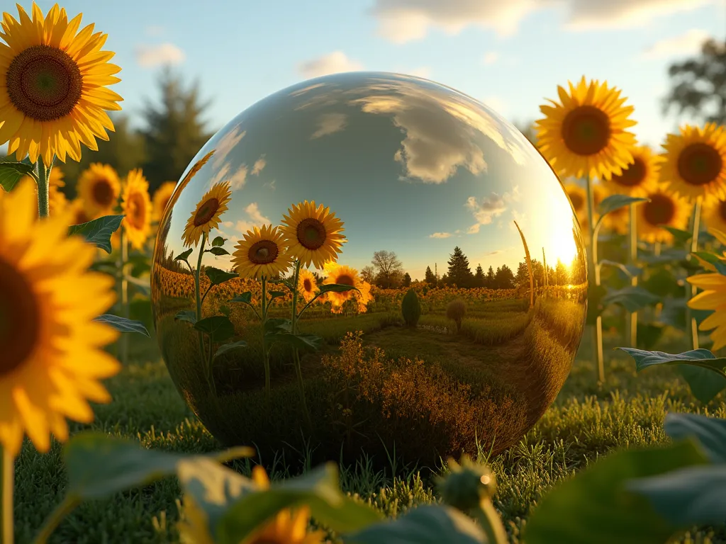 Golden Gazing Ball Among Sunflowers - A magical garden scene with a large gold-tinted gazing ball nestled among towering sunflowers in full bloom, photographed during golden hour. The metallic sphere perfectly reflects the dramatic yellow sunflower heads and blue sky above, creating a mesmerizing mirror effect. Soft natural lighting casts warm shadows across the garden, while the sunflowers stand majestically at various heights surrounding the reflective ball. Photorealistic, high detail, shallow depth of field, warm summer atmosphere.