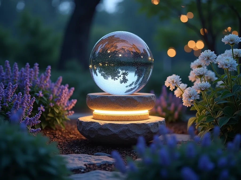 Luminous Garden Sphere at Night - A magical nighttime garden scene with a large, silver glass gazing ball centered on a natural stone pedestal, illuminated by a ring of warm white solar LED lights glowing from below. The sphere reflects the surrounding garden, moonlit sky, and ethereal light patterns. Soft-focus lavender and white flowering plants frame the scene, with Japanese maples casting delicate silhouettes. Dew drops on nearby foliage catch and sparkle in the gentle illumination. Photorealistic, atmospheric lighting, bokeh effect, mystical garden ambiance.