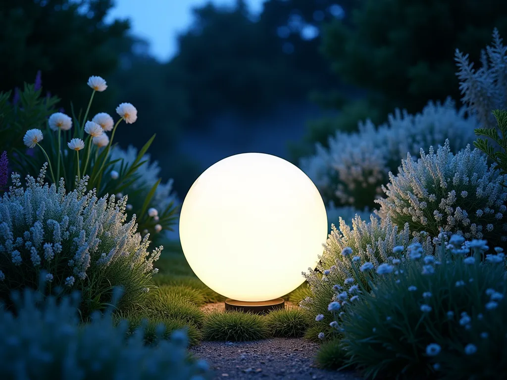 Luminous Moon Garden with Pearl Gazing Ball - A serene nighttime garden scene featuring a large pearl-white gazing ball centered among blooming white moonflowers and silver artemisia. The sphere glows ethereally, reflecting soft moonlight and creating mysterious shadows. Surrounding plants include white night-blooming jasmine, silvery dusty miller, and lamb's ear, their foliage appearing luminescent in the moonlight. The garden is photographed during the blue hour, with a gentle mist adding to the enchanting atmosphere. The gazing ball appears to float among the ethereal plantings, creating a magical focal point.