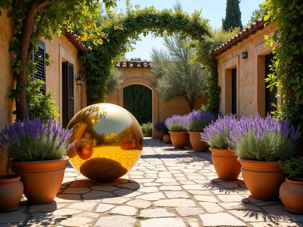 Mediterranean Terrace with Golden Gazing Ball - A sun-drenched Mediterranean terrace with a gleaming golden gazing ball as the centerpiece, surrounded by weathered terracotta pots of different sizes. Clusters of blooming purple lavender and potted citrus trees frame the scene. Warm evening sunlight casts long shadows across textured stone pavers, while the metallic sphere reflects the surrounding flora and azure sky. The composition captures the rustic elegance of Mediterranean garden design with natural stone walls in the background and trailing vines adding depth.