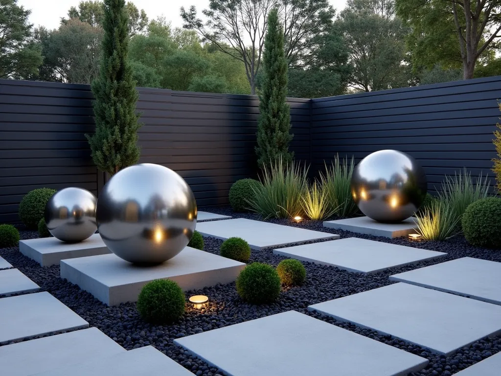 Modern Geometric Garden with Gazing Balls - A sophisticated modern garden featuring three stainless steel gazing balls of varying sizes (8-inch, 12-inch, and 16-inch) placed among angular concrete pathways and raised geometric planting beds. Contemporary brushed metal sculptures rise from beds of black Mexican river rocks. The plantings include carefully trimmed boxwood spheres and linear ornamental grasses arranged in a minimalist pattern. Low voltage lighting casts dramatic shadows across the scene at dusk, reflecting brilliantly off the metallic surfaces of the gazing balls. The background shows a sleek horizontal fence in dark charcoal gray.