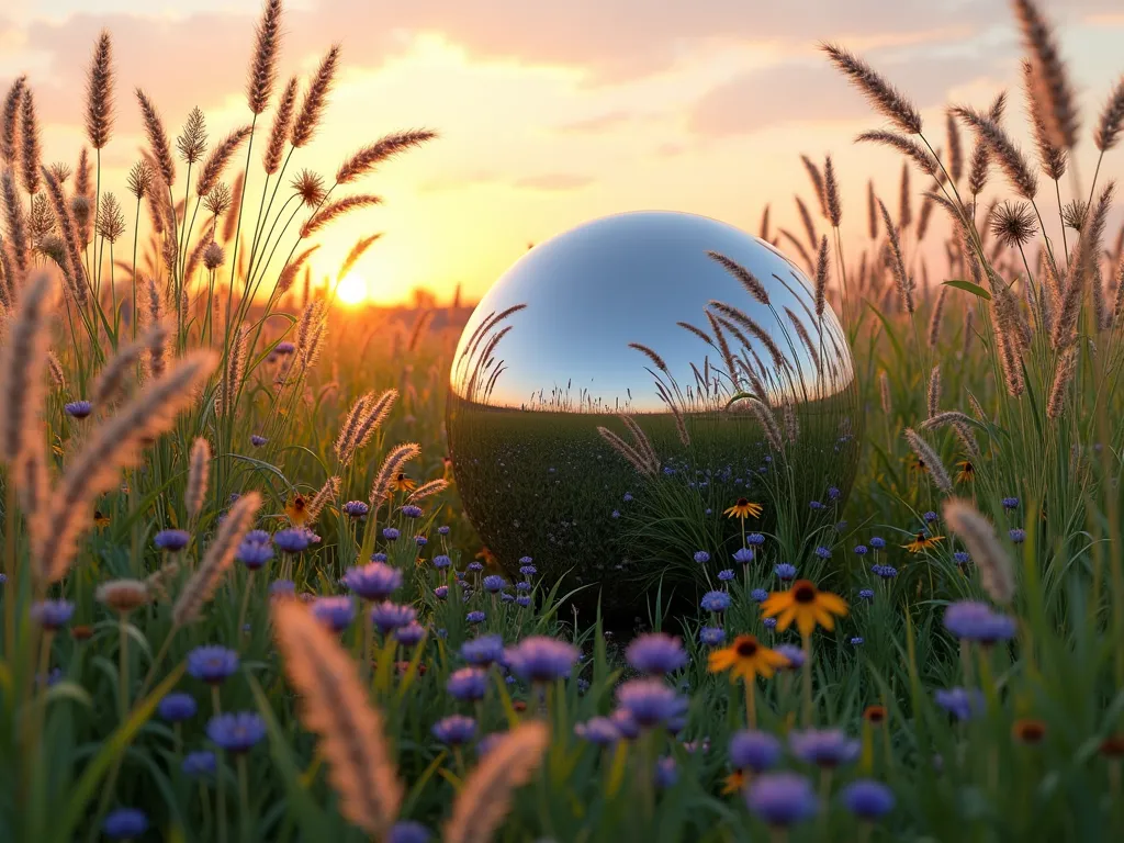 Prairie Garden Wind Dance - A serene garden scene featuring a large, reflective silver gazing ball nestled among swaying tall prairie grasses and wildflowers. The grasses, including feather reed grass and little bluestem, dance in the breeze at golden hour. Purple coneflowers, black-eyed susans, and prairie blazing stars add bursts of color throughout. The mirrored sphere perfectly reflects the dynamic movement of the grasses and the warm sunset sky above, creating a mesmerizing focal point. Soft, natural lighting enhances the ethereal atmosphere, with the grass silhouettes creating graceful patterns across the scene. Photorealistic, high detail, atmospheric.