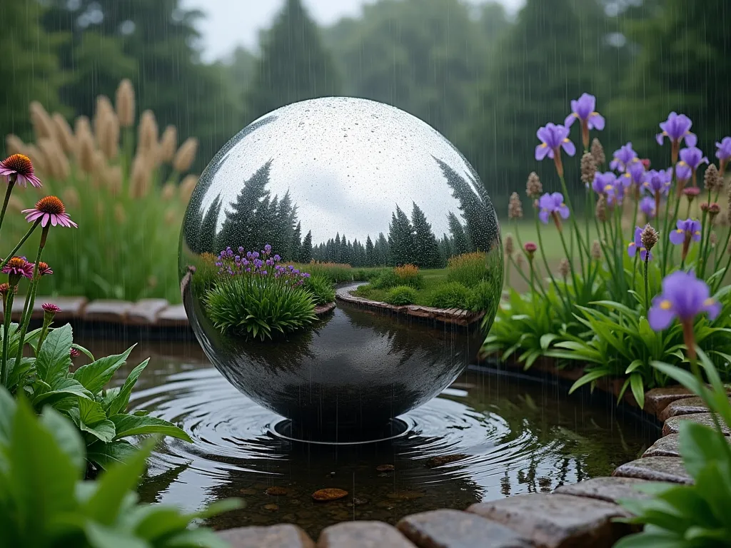 Reflective Rain Garden with Silver Gazing Ball - A serene rain garden featuring a large silver gazing ball centered among lush water-loving plants. The sphere perfectly reflects moody storm clouds and surrounding Joe Pye weed, iris, and swaying ornamental grasses. Raindrops create gentle ripples in a shallow stone-lined basin surrounding the gazing ball, while purple coneflowers and black-eyed susans add splashes of color in the background. The scene is captured just after rainfall, with water droplets glistening on leaves and the gazing ball's surface, creating a mystical atmosphere.