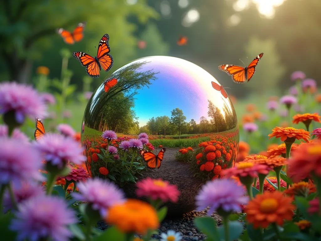 Rainbow Gazing Ball Butterfly Garden - A serene garden scene featuring a large iridescent gazing ball with rainbow reflections, surrounded by clusters of vibrant butterfly-attracting flowers including purple coneflowers, pink butterfly bush, orange lantana, and red butterfly weed. Butterflies hover gracefully around the sphere, which captures the garden's colors in its mirror-like surface. Soft natural lighting creates a dreamy atmosphere with gentle bokeh effects. The composition is photographed from a low angle to emphasize the magical quality of the scene, photorealistic style.