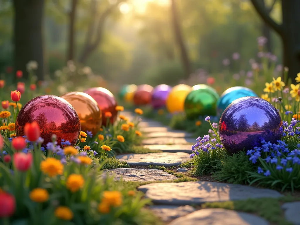 Rainbow Gazing Ball Garden Path - A magical garden path with seven metallic gazing balls arranged in a perfect rainbow arc, from red to violet. Each sphere is nestled among coordinating flowers: red tulips, orange marigolds, yellow daffodils, green bells of Ireland, blue delphinium, indigo salvia, and purple iris. Soft afternoon sunlight filters through the scene, creating sparkles and reflections on each gazing ball. The garden has a whimsical, enchanted quality with a natural stone pathway weaving between the spheres. Shot from a low angle to capture the full dramatic effect of the rainbow arrangement. Photorealistic, high detail, magical garden atmosphere.