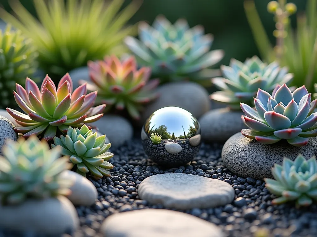 Enchanting Rock Garden with Silver Gazing Ball - A tranquil miniature rock garden featuring a small silver gazing ball nestled among weathered rocks and vibrant succulents. Low-growing alpine plants in shades of blue-green and purple cascade over natural stone formations. The polished gazing ball reflects the intricate patterns of Sempervivum rosettes and Sedum clusters, creating a mesmerizing focal point. Soft afternoon lighting casts gentle shadows across the rock garden, highlighting the textures and natural elements in this intimate garden scene.