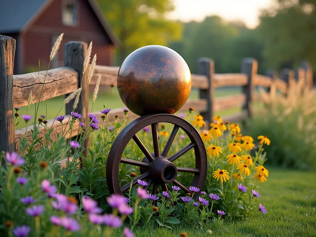 Rustic Farm Garden with Copper Gazing Ball - A dreamy garden scene featuring a weathered copper gazing ball mounted on a vintage rusty wagon wheel, surrounded by a meadow-like arrangement of purple coneflowers, black-eyed susans, and swaying native grasses. Soft evening light casts warm golden hues across the scene, highlighting the patina of the copper sphere. The weathered wooden fence and an old barn in the soft-focused background complete the rustic farmland atmosphere. Photorealistic, high detail, pastoral aesthetic.