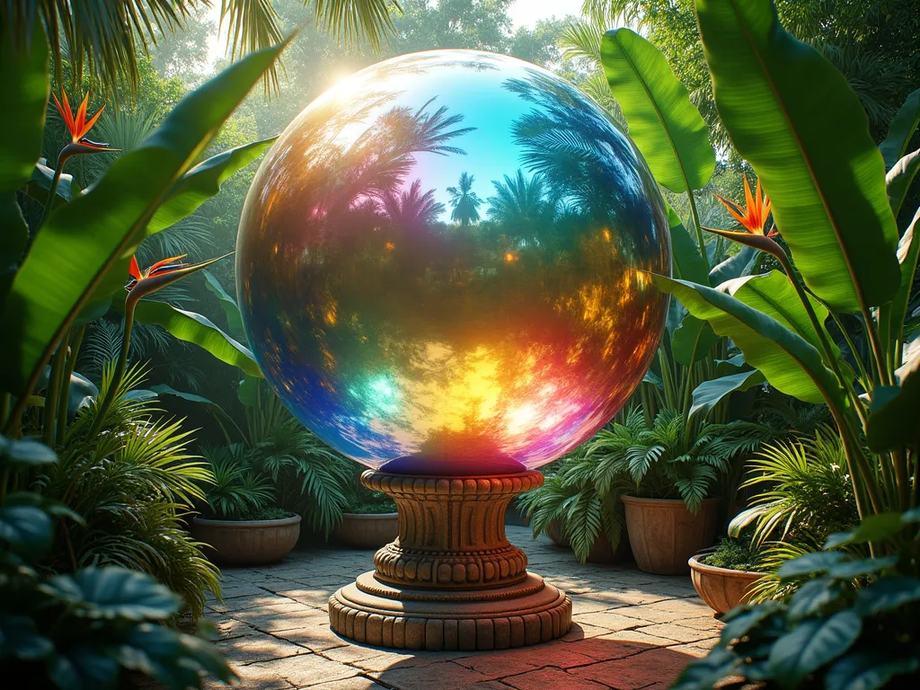 Tropical Oasis with Iridescent Gazing Ball - A lush tropical garden setting with a large iridescent gazing ball centerpiece reflecting rainbow colors, surrounded by dramatic bird of paradise flowers and large, glossy banana leaves. The scene is captured in natural sunlight filtering through the foliage, creating dappled light effects. The gazing ball sits on an ornate stone pedestal, with vibrant green tropical plants creating layers of depth. Photorealistic, high detail, dramatic lighting, botanical garden style.