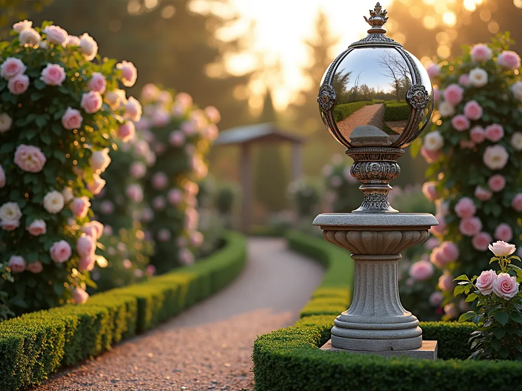 Victorian Rose Garden with Silver Gazing Ball - A romantic Victorian garden scene at golden hour, featuring an ornate silver gazing ball atop an elaborate stone pedestal. The gazing ball is surrounded by a lush border of blooming pink and white climbing roses trained on classical trellises. Perfectly manicured boxwood hedges create formal pathways, while the gazing ball reflects the roses and evening sky. Vintage wrought iron elements and gravel pathways complete the classical Victorian garden atmosphere. Photorealistic, detailed garden photography style.