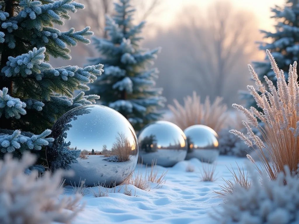 Frosty Silver Gazing Balls in Winter Garden - A serene winter garden scene with three silver mirror gazing balls nestled among frost-covered blue spruce and graceful ornamental grasses. The balls reflect the snow-covered landscape and morning light, creating magical orbs against a peaceful winter backdrop. Soft morning mist and delicate snowflakes falling create an ethereal atmosphere. The evergreens provide deep green and blue-silver colors while dried ornamental grass plumes add golden highlights. Photorealistic, high detail, atmospheric lighting.