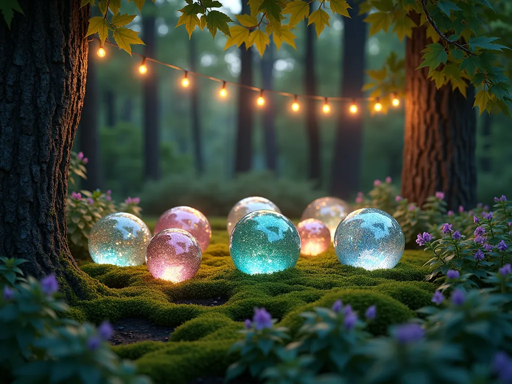 Enchanted Woodland Gazing Ball Circle - A magical woodland garden scene at dusk with 5-7 iridescent glass gazing balls arranged in a perfect circle beneath towering maple trees. Lush ferns and blooming hostas create a natural border around the balls. Delicate woodland flowers like bleeding hearts and wild violets dot the ground. Warm, golden solar-powered fairy lights are strung between the trees, casting a ethereal glow over the scene. Soft moss covers parts of the ground, with dappled light filtering through the tree canopy. The gazing balls reflect the surrounding nature and twinkling lights, creating multiple points of enchanting sparkle. Photorealistic, magical atmosphere, cinematic lighting.