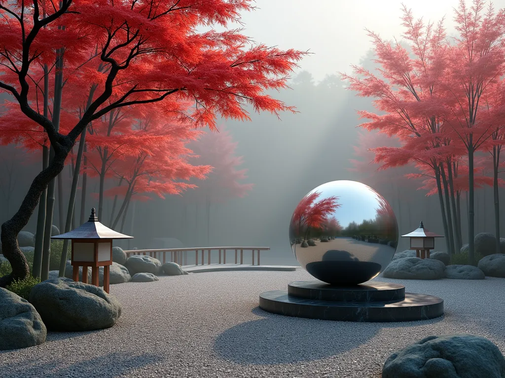 Zen Garden with Silver Gazing Ball - A serene Japanese garden scene with a polished silver gazing ball nestled among deep red Japanese maple trees and elegant bamboo stalks. The gazing ball sits on a black granite pedestal surrounded by carefully raked gravel patterns. Soft morning mist creates an ethereal atmosphere while the gazing ball reflects the rich autumn colors of the maple leaves. Clean lines and minimalist design elements create perfect balance and harmony. Natural stone lanterns and a small wooden bridge complete the peaceful composition.