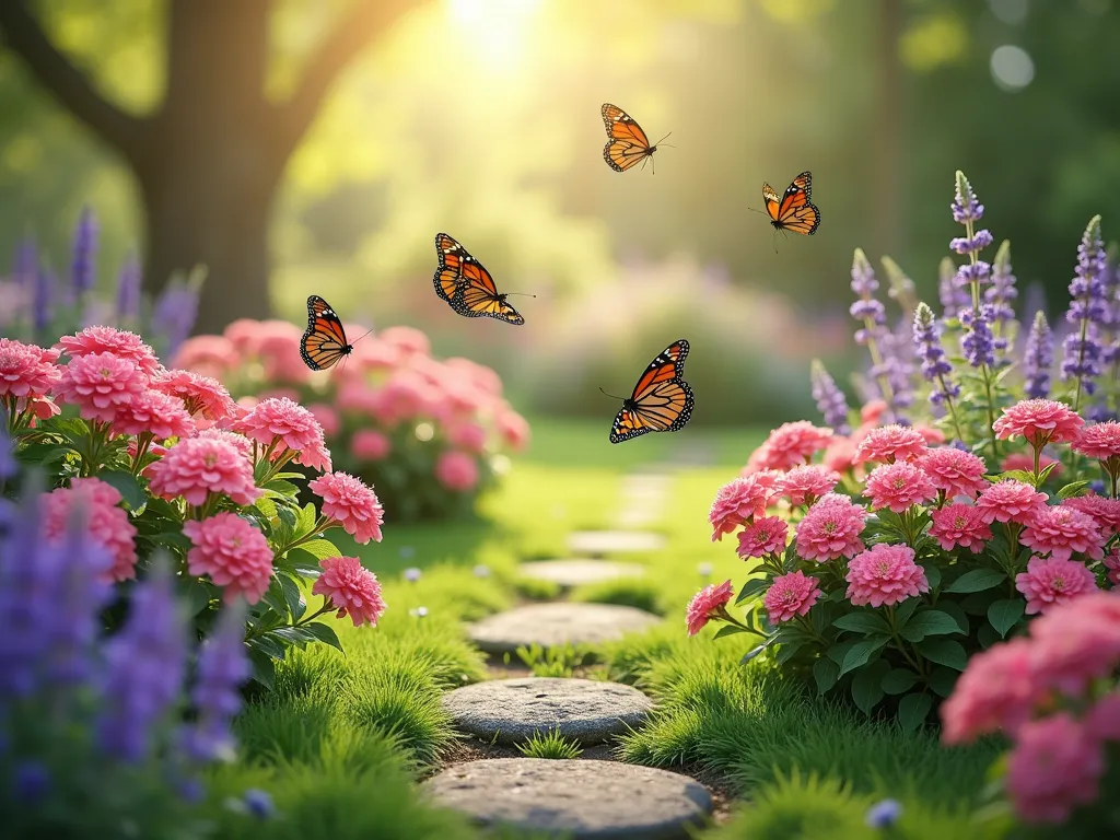 Vibrant Butterfly Haven with Geraniums - A sunlit garden scene featuring clusters of pink and coral geraniums harmoniously mixed with purple butterfly bush, lavender, and native wildflowers. Several monarch and swallowtail butterflies hover gracefully above the flowers. The garden has a natural, cottage-style layout with stepping stones winding through, creating a dreamy, wildlife-friendly atmosphere. Soft bokeh effect in background with dappled sunlight filtering through trees. Photorealistic style, warm morning light.