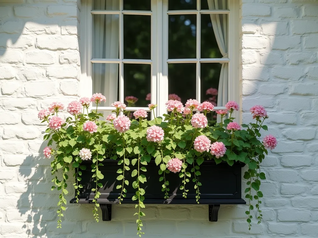 European Cottage Window Box with Cascading Geraniums - A charming European-style window box mounted on a whitewashed stone cottage wall, overflowing with lush cascading ivy-leafed geraniums in soft pink and pure white. The trailing geraniums gracefully spill over the edges of an ornate black metal window box, creating a romantic waterfall effect. Sunlight gently filters through the flowers, casting delicate shadows on the wall. Below the window box, a traditional multi-paned window with white trim reflects the morning light, photorealistic, 4k, detailed botanical features.