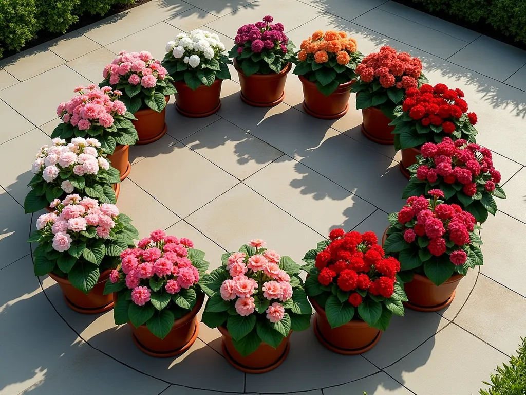 Circular Geranium Color Wheel Garden Display - A stunning overhead view of a circular garden arrangement featuring 12 elegant terra cotta containers arranged in a perfect circle like a color wheel, each filled with blooming geraniums. The colors transition smoothly from pure white to soft pink, bright pink, salmon, scarlet red, deep red, burgundy, and purple geraniums. Each container has lush, healthy green foliage and abundant blooms. The containers sit on a neutral stone patio surface, creating a striking geometric pattern. Soft natural lighting enhances the color progression, creating an artistic and educational garden display. Photorealistic, high detail, garden photography style.