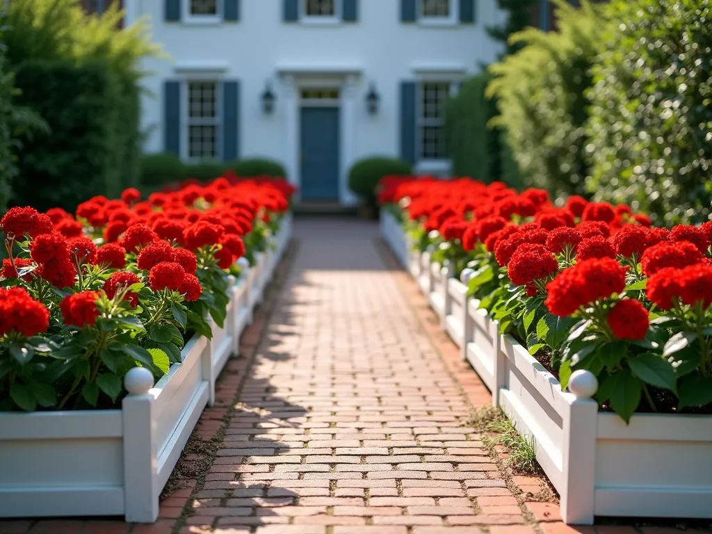 Symmetrical Colonial Garden with Red Geraniums - A stunning symmetrical colonial garden featuring neatly arranged traditional red geraniums in white-painted wooden planters and classic brick borders. The garden path is lined with perfectly manicured geranium beds on both sides, creating a formal, historical American garden aesthetic. Soft morning light illuminates the vibrant red blooms against a backdrop of a white colonial-style house with shutters. The composition is highly organized and geometric, emphasizing traditional colonial garden design principles with a focus on order and beauty.