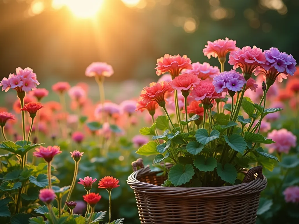 Elegant Geranium Cutting Garden - A lush English-style cutting garden at golden hour, featuring tall-growing geraniums in full bloom. Multiple varieties arranged in elegant rows showcasing coral, deep purple, and soft pink blooms. Delicate flower stems reach upward against a sun-drenched background, with some cut stems arranged in a vintage gathering basket in the foreground. Soft bokeh effect with morning dew drops catching light, creating a dreamy atmosphere. Photorealistic style.