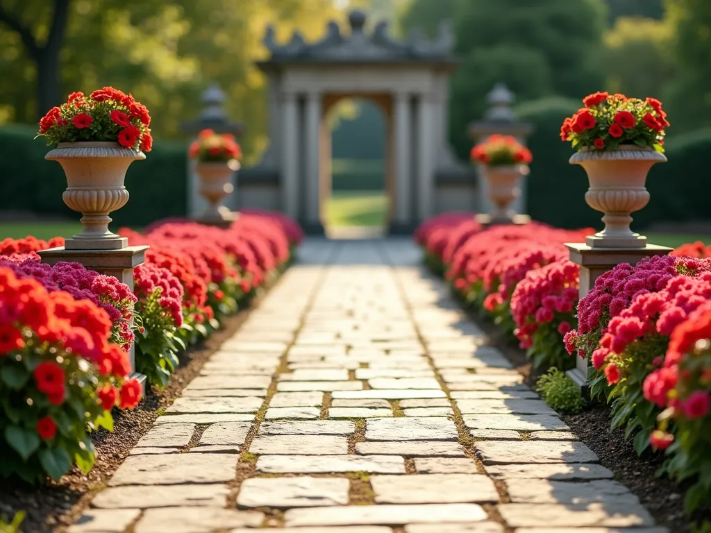 Symmetrical Geranium Garden Path - A stunning formal garden path with perfectly symmetrical beds of vibrant red and pink geraniums on both sides, leading to an elegant stone entrance. The geraniums are meticulously planted in mirror-image patterns, with matching ornate stone planters flanking the path. Early morning sunlight casts gentle shadows across the manicured walkway, highlighting the classical European garden design. Soft bokeh effect in background, photorealistic, 4K, highly detailed.