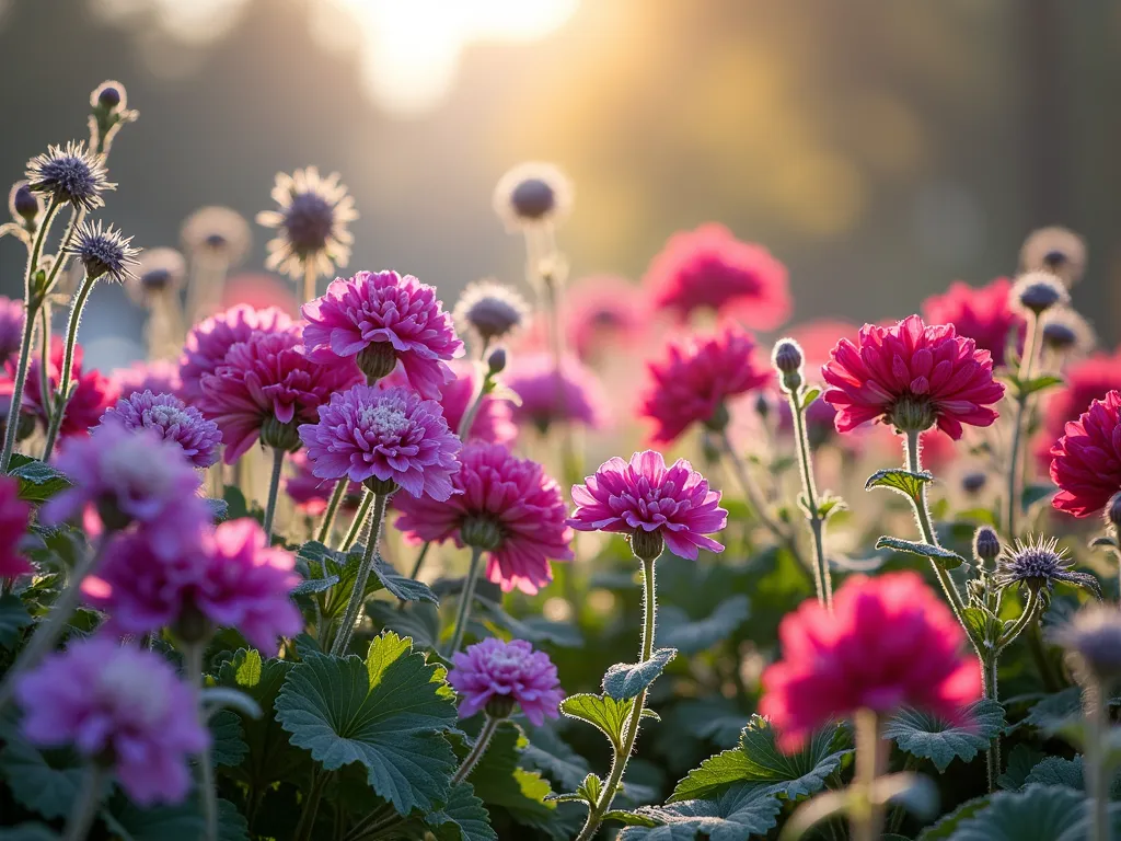 Four Seasons Geranium Garden - A breathtaking garden landscape photograph showing hardy geraniums in all four seasons merged into one dreamlike scene. The foreground features vibrant summer blooms in deep purples and pinks, transitioning to rich autumn foliage in burgundy and gold. The background shows delicate frost-covered seed heads and dried stems creating beautiful winter interest. Natural sunlight filters through, creating a magical atmosphere. Professional garden photography style, high detail, soft depth of field.