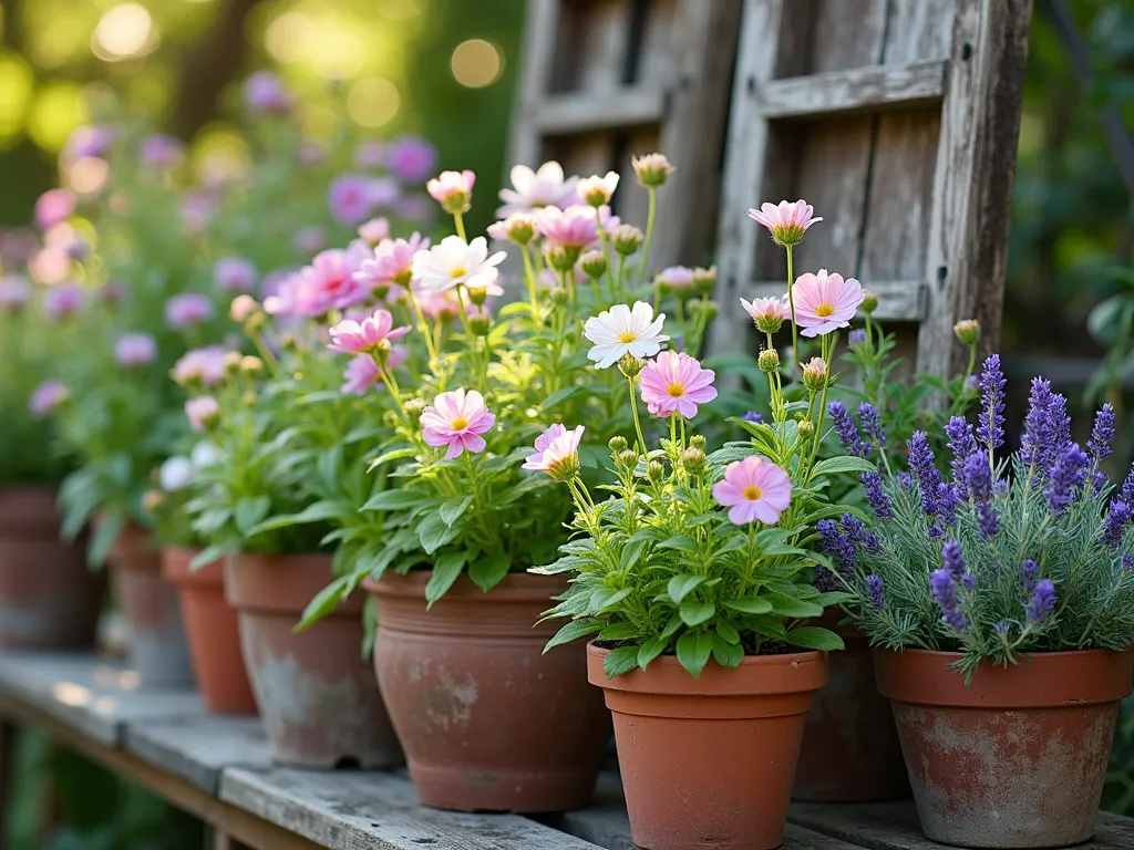 Fragrant Herb and Geranium Garden - A sun-drenched cottage garden scene featuring a charming mix of rose-scented and lemon-scented geraniums with silvery-green leaves alongside purple lavender, sage, and rosemary. Rustic terracotta pots and weathered wooden planters arranged on different levels create depth. Soft morning light filters through, highlighting the delicate pink and white geranium blooms. A vintage herb drying rack in the background adds authenticity to the kitchen garden setting. Soft bokeh effect in background, photographic style, 85mm lens, natural lighting