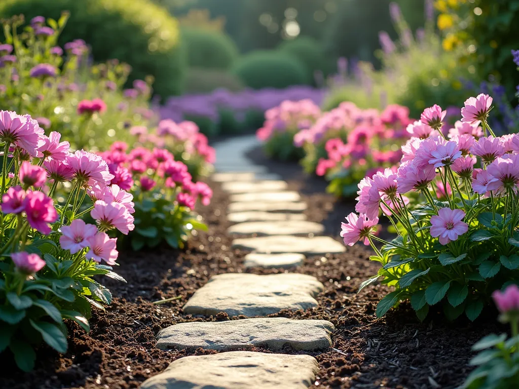 Cottage Garden Path with Geranium Border - A winding garden path bordered with masses of blooming hardy geraniums in soft pink and purple hues. The low-growing 'Tiny Monster' and 'Ballerina' geraniums create a lush, flowing edge that spills naturally onto a rustic stone pathway. Morning sunlight filters through the scene, highlighting the delicate flowers and creating a dreamy, cottage garden atmosphere. The geraniums form a continuous ribbon of color against darker mulched borders filled with taller perennials in the background. Dew drops glisten on the geranium foliage.