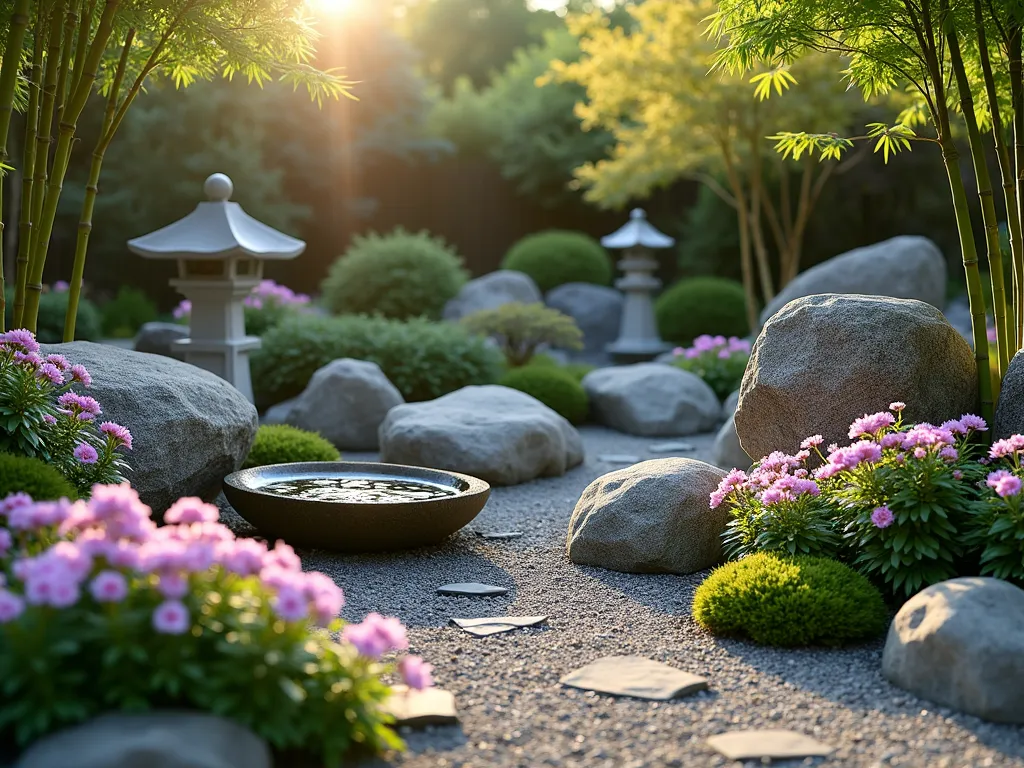 Zen Garden with Geraniums - A serene Japanese garden setting at golden hour, featuring delicate pink and purple hardy geraniums softly cascading around weathered granite boulders. A small stone water basin with trickling water sits amid carefully placed river rocks, with geranium foliage creating natural patterns along the ground. Bamboo and Japanese maple provide a gentle backdrop, while a stone lantern peeks through the peaceful scene. The garden is styled in traditional Japanese minimalist design with moss patches and raked gravel patterns complementing the geranium ground cover.