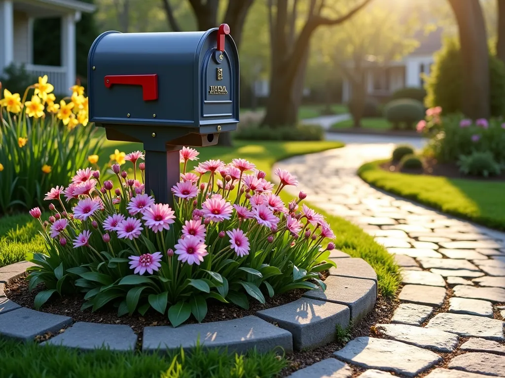 Charming Mailbox Garden with Geraniums - A charming residential mailbox surrounded by a lush garden featuring pink and purple hardy geraniums in full bloom, softly cascading over a curved stone border. Daffodils and tulips provide pops of cheerful spring color among the geranium foliage. Early morning sunlight casts gentle shadows across the natural stone path leading to the mailbox, creating a warm, welcoming scene. The geraniums spread naturally around the base, their delicate flowers swaying in a slight breeze, photorealistic style.