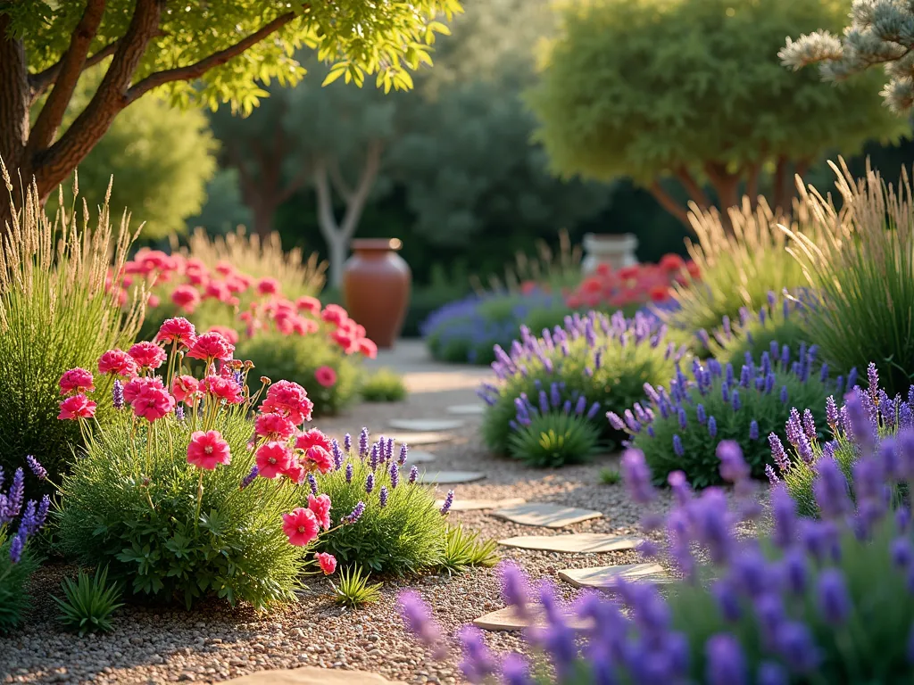 Mediterranean Drought-Resistant Geranium Garden - A sun-drenched Mediterranean garden landscape with clusters of vibrant pink and coral geraniums thriving among swaying purple lavender and blue salvias, set in a naturally arranged gravel garden. Ornamental grasses catch the golden evening light, while crushed stone pathways weave through the drought-tolerant plantings. Architectural terracotta pots add warm accents, with the garden creating a harmonious blend of colors and textures in a water-wise design. Photorealistic, high detail, warm lighting, f/8, 35mm lens.