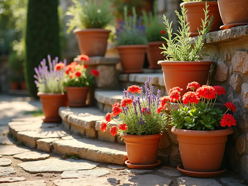 Mediterranean Terracotta Geranium Display - A sun-drenched Mediterranean garden scene featuring a rustic stone staircase adorned with artfully arranged terracotta pots of varying sizes. Vibrant red and salmon-colored geraniums cascade from the pots, their blooms bursting with color. Interspersed among them are purple lavender sprigs and tall rosemary plants. The pots are positioned at different heights, creating a dramatic tiered display. The lighting is warm and golden, suggesting late afternoon Mediterranean sunlight. The scene has a weathered, authentic Southern European aesthetic with textured terracotta pots and natural stone elements. Photorealistic style, high-end garden photography, soft depth of field.