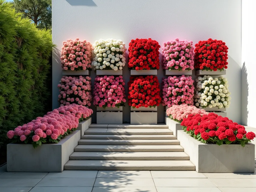 Modern Color Block Geranium Container Garden - A contemporary garden terrace featuring a stunning arrangement of large, minimalist concrete containers in a grid pattern, each filled with masses of single-colored geraniums. The containers showcase vibrant blocks of red, pink, coral, and white geraniums, creating a bold geometric pattern. Shot in natural sunlight with dramatic shadows, gallery-style composition, against a clean white wall background. Architectural and artistic arrangement with perfect symmetry.