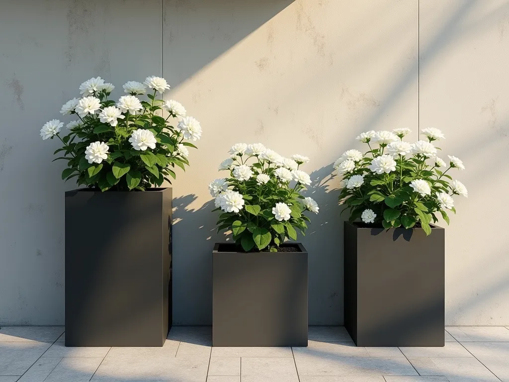 Modern Monochrome Geranium Display - A stunning modern garden scene featuring three tall, matte black rectangular planters of varying heights arranged in a minimalist composition. Each planter overflows with pristine white 'White Splash' geraniums in full bloom against a clean, light-colored concrete wall. The planters cast dramatic shadows, creating geometric patterns. Photographed in warm natural lighting, emphasizing the contemporary architectural elements and the crisp contrast between the white flowers and dark containers. Hyperrealistic, architectural photography style.