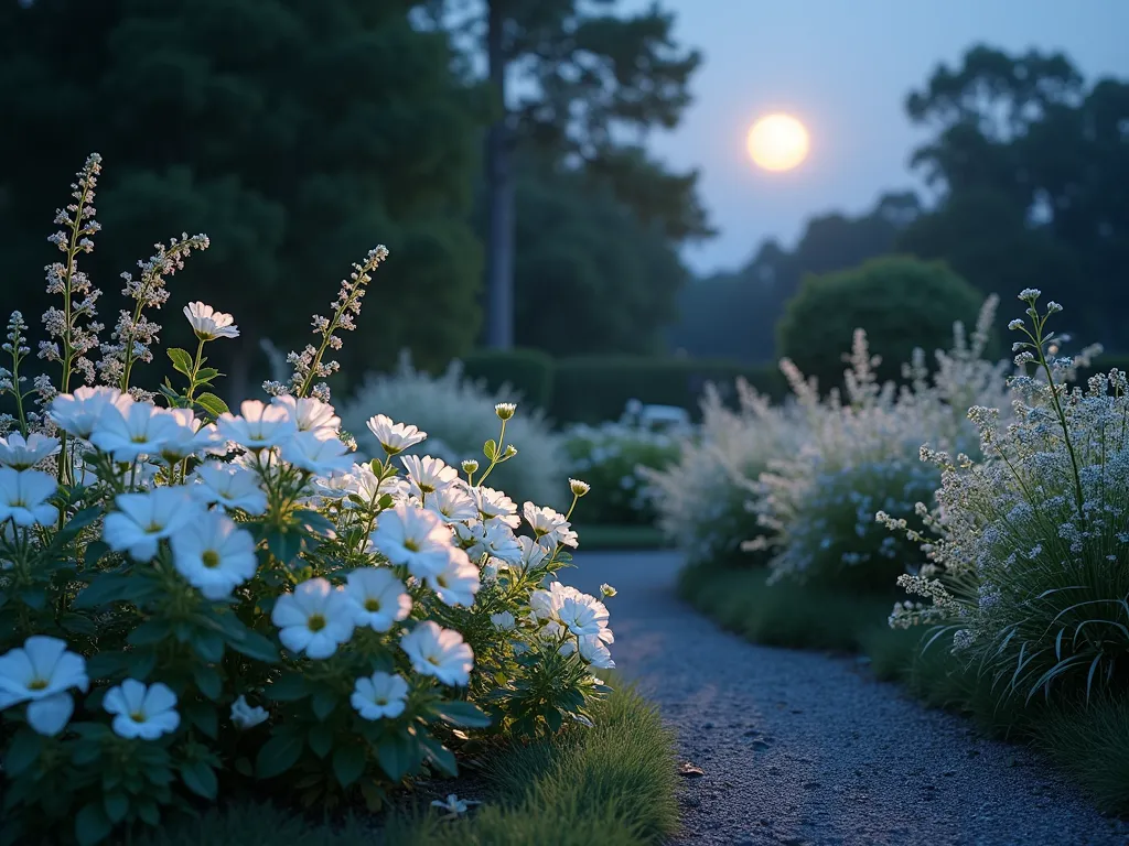 Ethereal Moonlight Geranium Garden - A serene evening garden scene illuminated by soft moonlight, featuring elegant white pelargonium geraniums with silver-variegated leaves glowing ethereally. Clustered garden beds with white flowering geraniums intermingle with silvery dusty miller and white cosmos, creating a luminescent display. Subtle garden lighting casts gentle shadows, while the moon peeks through overhead. Photorealistic, atmospheric garden photography style, with a dreamy, romantic quality.