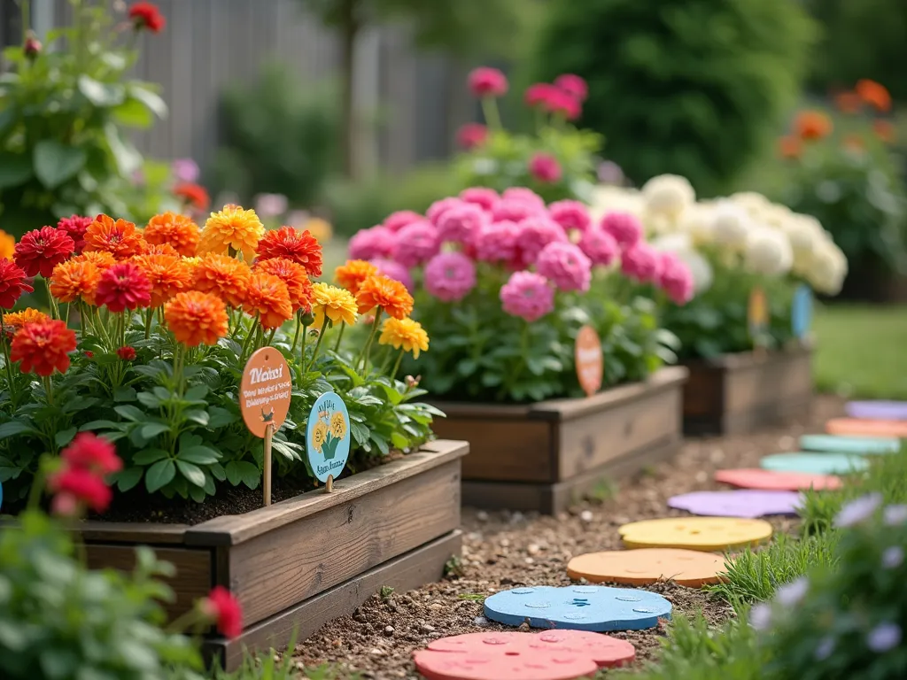 Rainbow Geranium Children's Educational Garden - A charming garden scene with raised wooden garden beds arranged in a gentle curve, filled with vibrant blooming geraniums arranged in perfect rainbow order - red, orange, yellow, pink, purple, and white geraniums creating a stunning color progression. Colorful child-friendly plant markers with educational facts stand among the flowers. The garden features a whimsical child-sized path made of stepping stones painted in rainbow colors. Soft natural lighting, shallow depth of field focusing on the flowers. Photorealistic style.