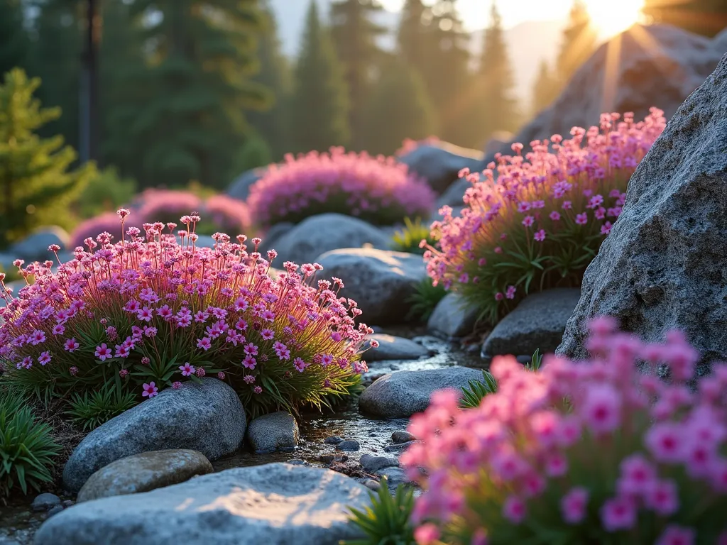 Enchanting Rocky Geranium Drift - A stunning natural rock garden photographed during golden hour, featuring cascading pink and magenta Geranium sanguineum flowing gracefully between weathered granite boulders. Delicate flowers create natural drifts across multiple levels, with some blooms catching the warm sunlight. Small patches of alpine plants and silver-gray stones provide texture and contrast. Captured in photorealistic detail with soft, natural lighting and shallow depth of field.