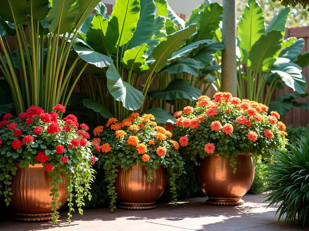 Tropical Geranium Paradise with Banana Plants - A lush, resort-style garden corner featuring vibrant red and coral geraniums cascading from large ornate copper-colored planters. Tall, dramatic banana plants with broad leaves create a towering backdrop, while striking orange and yellow cannas provide a middle layer. Trailing ivy geraniums spill elegantly over the containers' edges. Dappled sunlight filters through the tropical foliage, creating a warm, exotic atmosphere. The scene is photographed from a slightly low angle to emphasize the vertical layering and luxuriant growth. Photorealistic style.