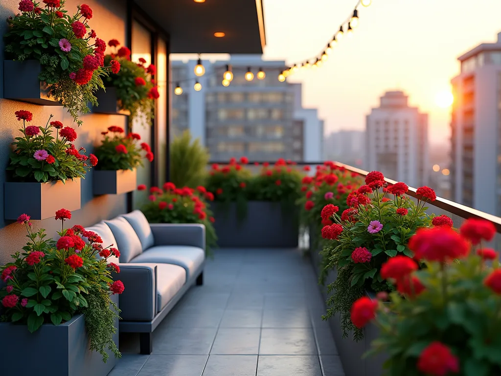 Modern Urban Balcony Geranium Garden - A cozy urban balcony garden photographed in warm evening light, featuring cascading red and pink geraniums in sleek modern wall-mounted planters, contemporary metal railing boxes, and sophisticated standing containers. The balcony has a modern minimalist design with grey flooring and glass railings. Multiple levels of geraniums create a lush vertical garden effect, with some blooms spilling over the edges. String lights add ambiance, while city buildings are visible in the soft-focus background. Photorealistic, architectural photography style.