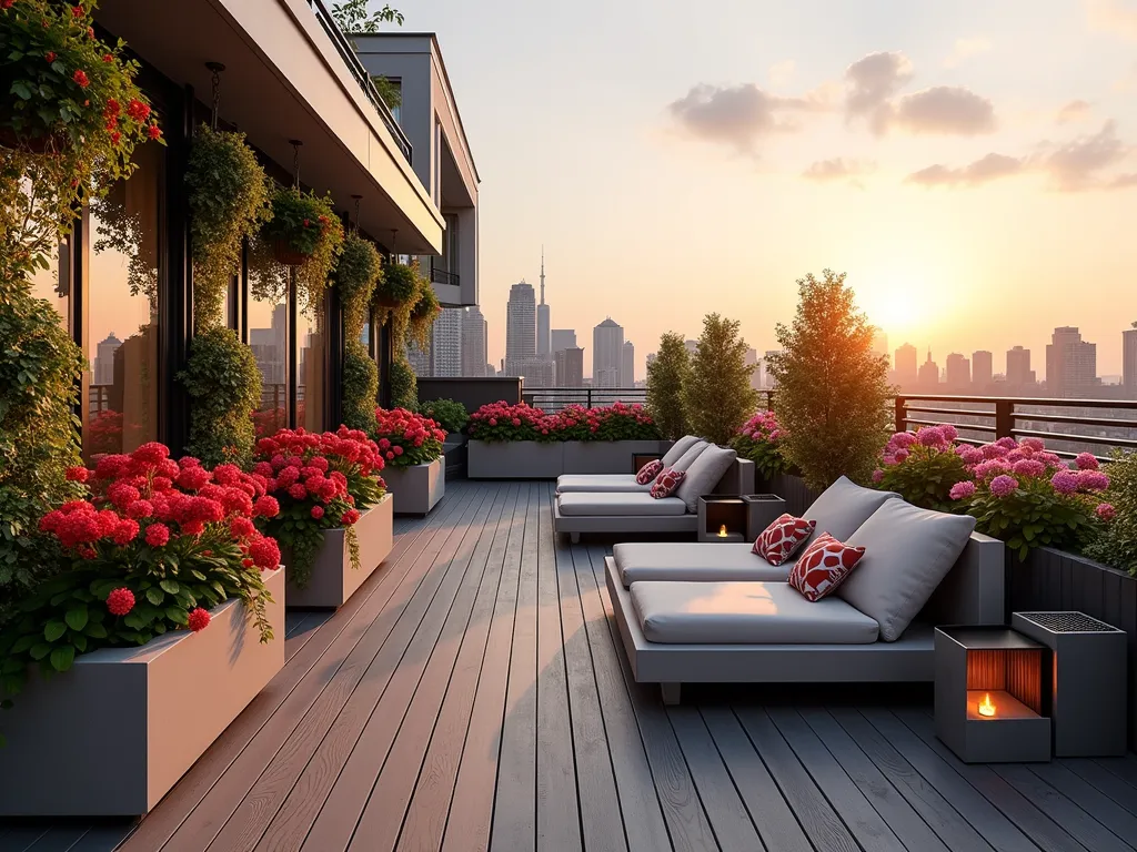 Urban Rooftop Geranium Haven - A stunning rooftop garden terrace at sunset, featuring cascading red and pink geraniums in modern lightweight concrete planters at varying heights. Contemporary lounge seating with plush cushions nestled among the flowers. Planters arranged in an artistic pattern with trailing ivy geraniums spilling over edges. City skyline visible in the soft golden light background. Metal railings adorned with hanging geranium baskets. Clean modern design with warm wooden decking and strategic lighting.