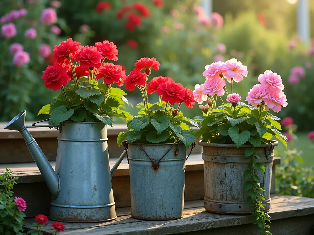 Vintage Garden Containers with Blooming Geraniums - A charming garden vignette featuring vibrant red and pink geraniums spilling out of an antique galvanized watering can, weathered metal milk pail, and a distressed wooden crate. The containers are artfully arranged on rustic wooden steps, with soft morning light filtering through. The geraniums are in full bloom, their bright flowers contrasting beautifully against the aged patina of the vintage containers. Delicate ivy trails down the sides, while cottage garden flowers blur softly in the background. Photorealistic, high detail, soft pastoral lighting, cottagecore aesthetic.