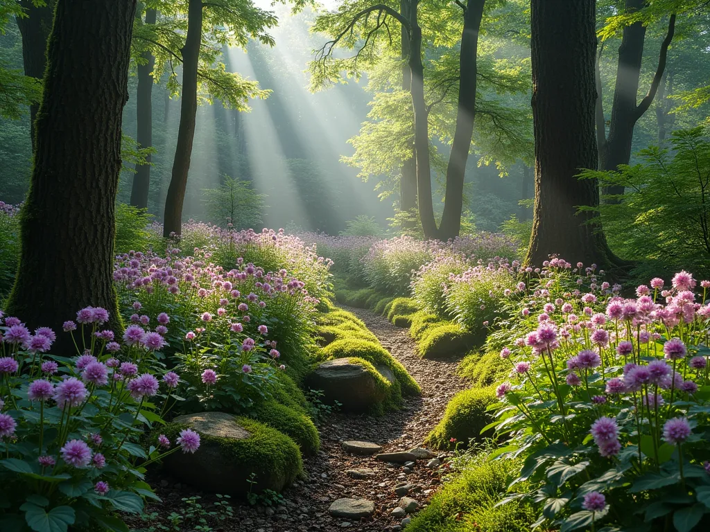 Enchanted Woodland Geranium Haven - A serene woodland garden scene bathed in dappled sunlight filtering through tall trees, featuring naturalistic drifts of purple-pink hardy geraniums (G. phaeum) and soft pink geraniums (G. macrorrhizum) creating a lush ground cover beneath mature deciduous trees. The geraniums flow organically between weathered logs and native ferns, with shafts of morning light highlighting the delicate blooms. The scene has a mystical, ethereal quality with moss-covered stones and scattered woodland wildflowers completing the natural forest garden aesthetic.