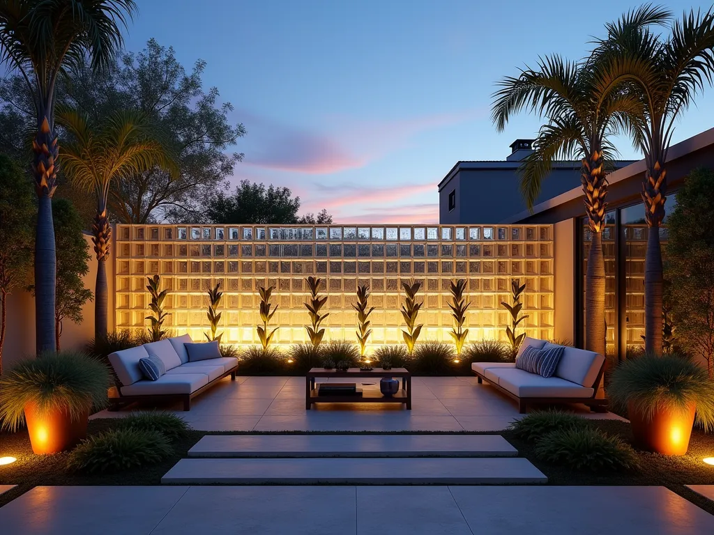 Art Deco Glass Block Garden Wall at Twilight - A stunning Art Deco-inspired garden wall made of glass blocks arranged in a geometric zigzag pattern, photographed at twilight. The wall features a mix of clear and frosted glass blocks creating a sophisticated stepped design reminiscent of 1920s architecture. Warm landscape lighting illuminates the wall from below, casting dramatic shadows and making the glass blocks glow in amber and soft blue hues. The wall spans 12 feet high and serves as a dramatic backdrop to a modern patio space with sleek furniture. Several tall silver-blue palm trees frame the scene, while copper planters with cascading ornamental grasses add texture. Shot from a slight angle to capture the dimension and pattern of the blocks, with the sunset sky reflecting off the glass surfaces.