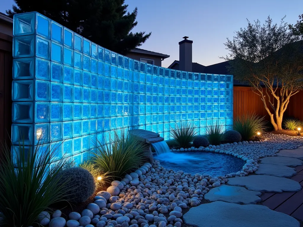 Coastal Glass Block Water Feature at Dusk - A stunning backyard garden feature photographed at dusk, featuring a curved wall of azure-tinted glass blocks illuminated from within, creating ethereal blue light patterns. The 6-foot tall structure is surrounded by swaying coastal grasses and maritime plants. At its base, a carefully arranged collection of smooth beach pebbles and white shells creates a beach-like setting. Soft landscape lighting highlights Mojave Blue Fescue and Sea Lavender growing between the rocks. A small recirculating water feature trickles down the glass blocks, adding movement and sound. The scene is captured with a wide-angle lens, showing the surrounding coastal garden design with weathered driftwood accents and beach-themed decor. The glass block structure casts mesmerizing patterns across a nearby wooden deck, while the twilight sky adds depth to the maritime atmosphere.