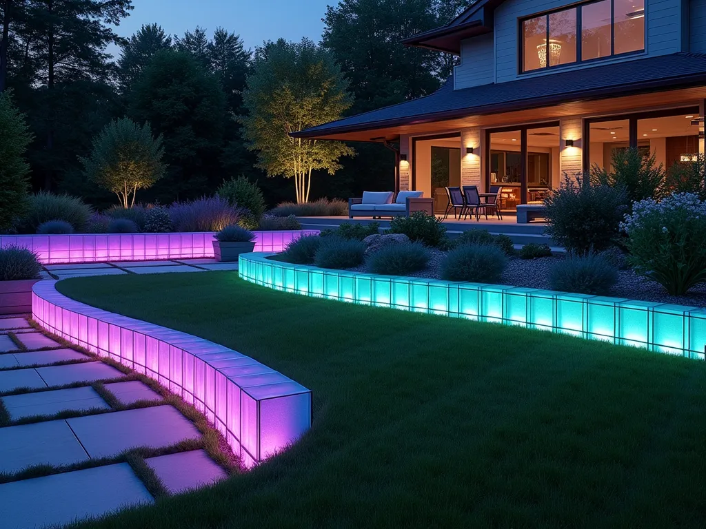 Illuminated Glass Block Garden Border at Twilight - A stunning twilight garden scene featuring a modern curved border made of illuminated glass blocks, photographed with a wide-angle lens. The blocks emit a ethereal gradient of purple, blue, and teal LED lights that reflect off nearby plants and create dramatic shadows. The border elegantly curves along a manicured lawn, with ornamental grasses and flowering perennials softening its edges. The sophisticated lighting design creates a magical atmosphere, while contemporary outdoor furniture and subtle landscape lighting complete the scene. Shot with a DSLR camera at f/8, ISO 100, capturing the perfect balance between natural twilight and artificial illumination. Photorealistic, architectural photography, 8K resolution.