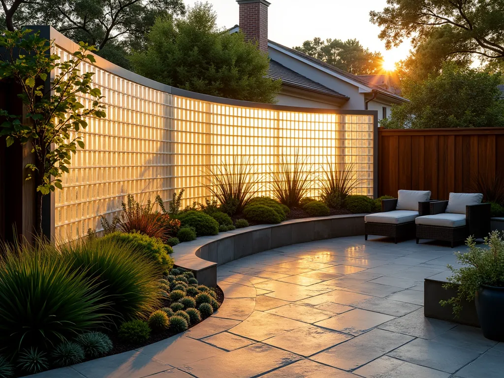 Curved Glass Block Garden Privacy Screen at Sunset - A sweeping curved glass block privacy screen in a modern garden setting, photographed during golden hour. The 6-foot-tall serpentine wall features frosted glass blocks that catch the warm sunset light, creating a luminous glow. The curve gracefully divides the garden space, with lush ornamental grasses and Japanese maples on one side, and a cozy patio seating area on the other. Soft uplighting illuminates the base of the wall, while climbing jasmine begins to weave around the edges. The glass blocks create mesmerizing light patterns on the natural stone patio, shot from a wide angle to capture the full curve and its integration with the landscape.