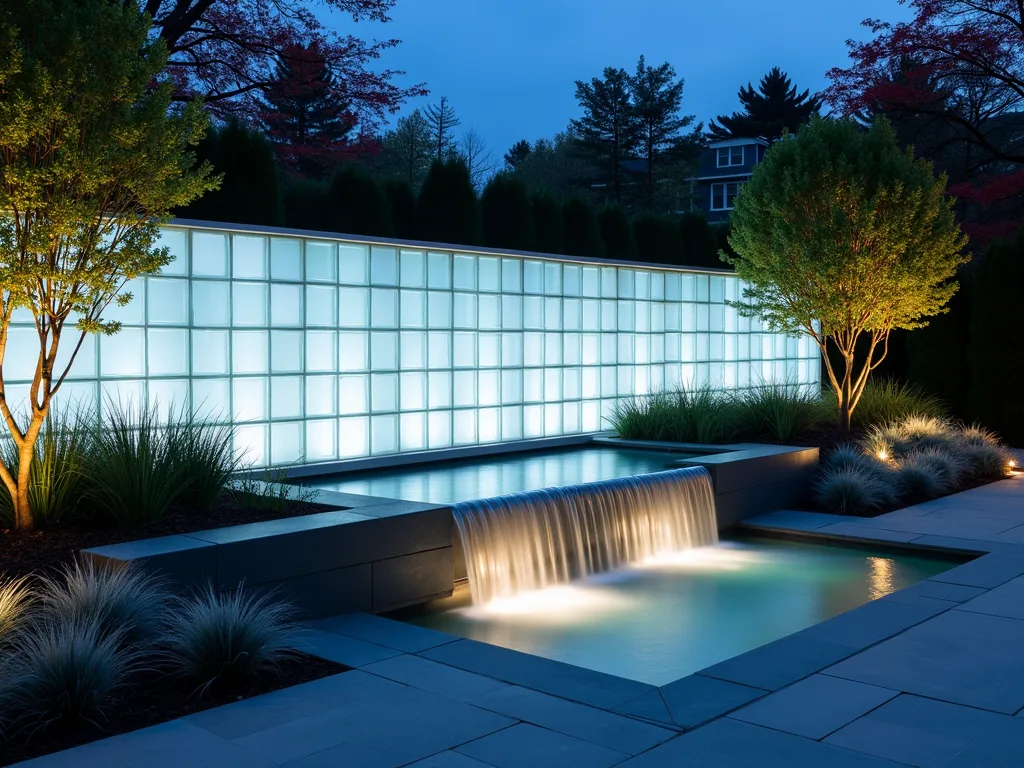 Ethereal Glass Block Garden Wall at Twilight - A mesmerizing modern garden scene at twilight featuring a 6-foot-tall illuminated glass block wall stretching across the background. The frosted glass blocks emit a soft, azure-white glow from hidden LED strips, creating a luminous architectural feature. A contemporary water feature with a sleek waterfall cascades in front of the wall, its flowing water reflecting the ethereal light. Modern garden beds with ornamental grasses and silver-leafed plants frame the scene. The composition is captured from a slight angle to show depth, with the wall's illumination creating dramatic shadows and light patterns across a minimalist stone patio. The ambient lighting casts a magical atmosphere across the entire space, while strategic uplighting on nearby Japanese maple trees complements the wall's glow.