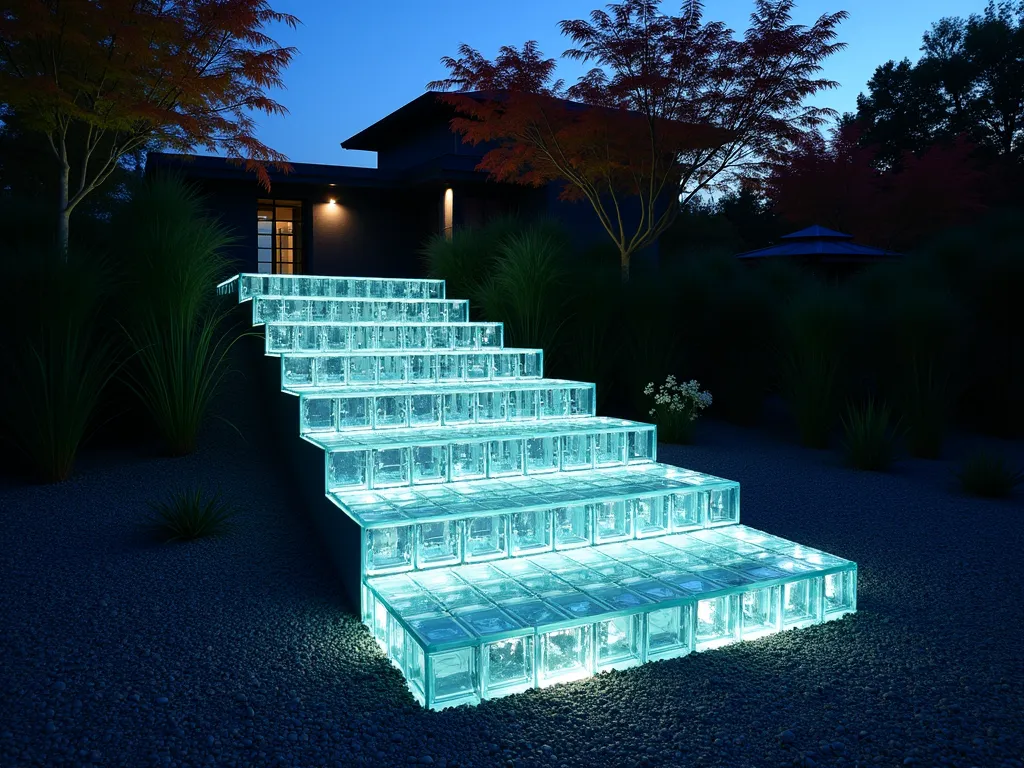 Illuminated Glass Block Floating Steps at Twilight - A stunning twilight photograph of modern floating glass block steps in a contemporary garden setting. The steps appear to hover mysteriously above a zen-like gravel path, each step crafted from internally illuminated glass blocks emitting a soft blue-white glow. Shot from a low angle perspective to emphasize the floating effect, with Japanese maple trees silhouetted in the background. The steps ascend gracefully through a minimalist landscape of ornamental grasses and bamboo, creating dramatic light play on the surrounding surfaces. Captured with a wide-angle lens showing the full pathway sequence, with careful attention to the interplay of natural dusk light and artificial illumination. Professional architectural photography with perfect exposure balance, sharp focus, and rich depth of field.